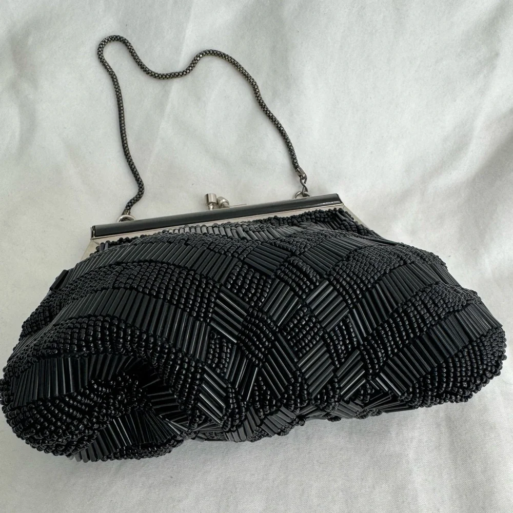 Vintage Fancy Mini Purse Beaded Clutch Black Silver 60's 70's